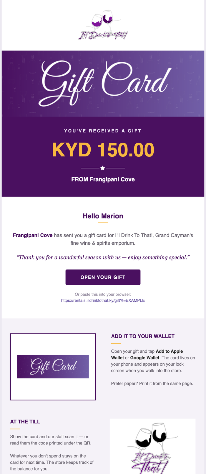 The gift email with the Open your gift button