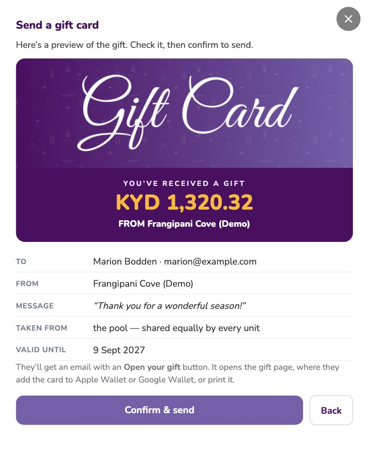 The gift preview before confirming: amount, to, from, message, source and expiry