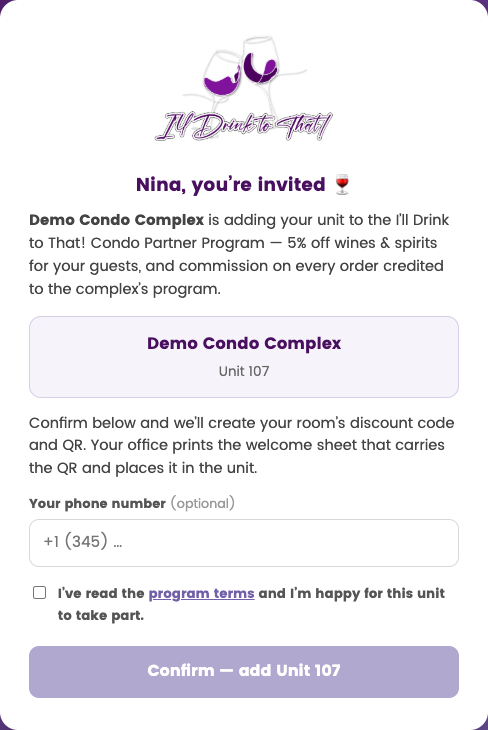 The owner's confirmation page: unit shown, optional phone, terms tick and confirm button