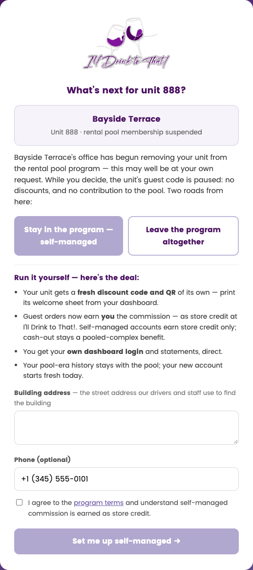 The owner's decision page offering self-managed or leaving altogether