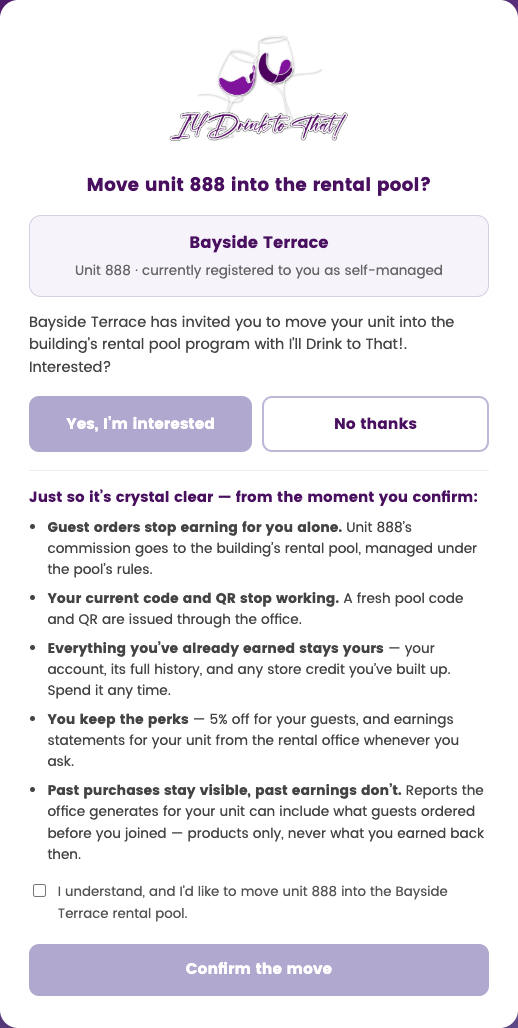 The self-managed owner's move-to-the-pool consent page listing the consequences in plain words
